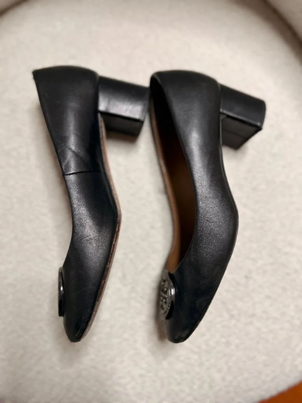 Tory Burch Black Leather with Crystal Logo Medallion (Block Heels) 8.5